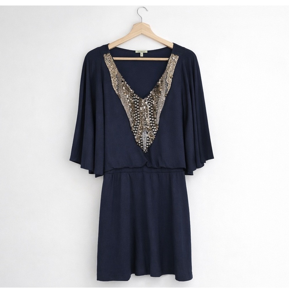 Bordeaux Navy Embellished Dress Gold Beaded V‑Neck Anthropologie Boho Chic Small